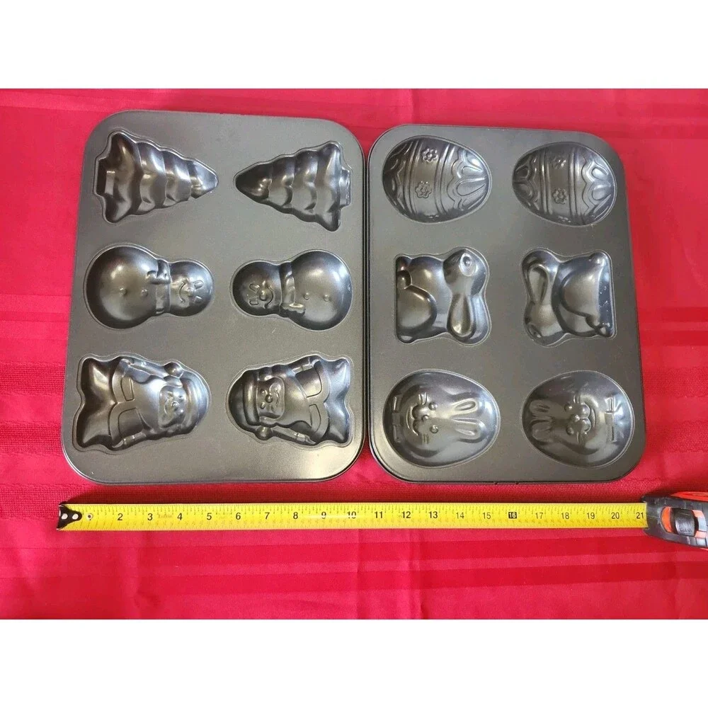 Set of 2 Holiday Mini Cake Baking Pans Christmas & Easter Nonstick 6 Cavity Mold
